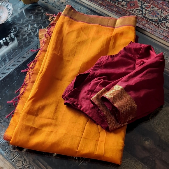 Silk blend orange saree/sari - Picture 1 of 7